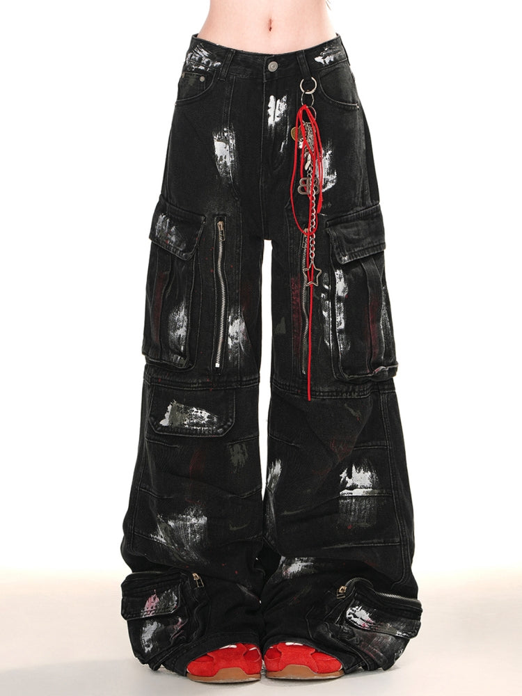 Loose Slimming Wide-Leg Cargo Denim Pants for Spring and Summer