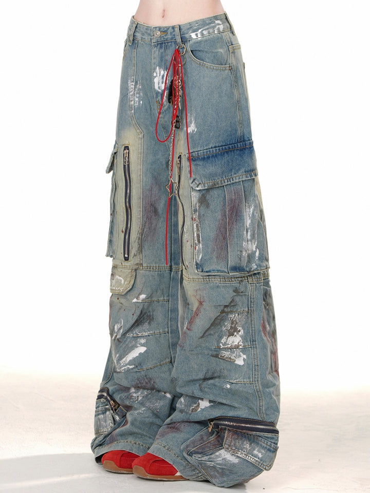 Loose Slimming Wide-Leg Cargo Denim Pants for Spring and Summer