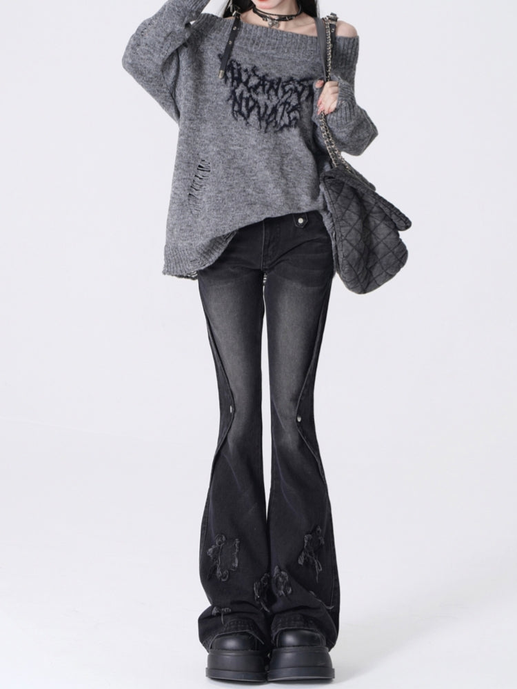 Star Embroidery Slimming Washed Slight Flare Jeans