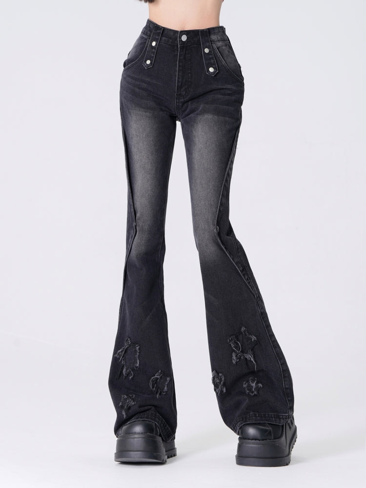 Star Embroidery Slimming Washed Slight Flare Jeans