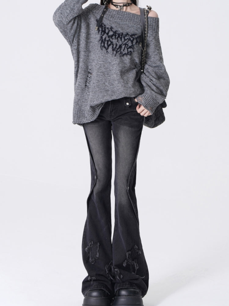 Star Embroidery Slimming Washed Slight Flare Jeans