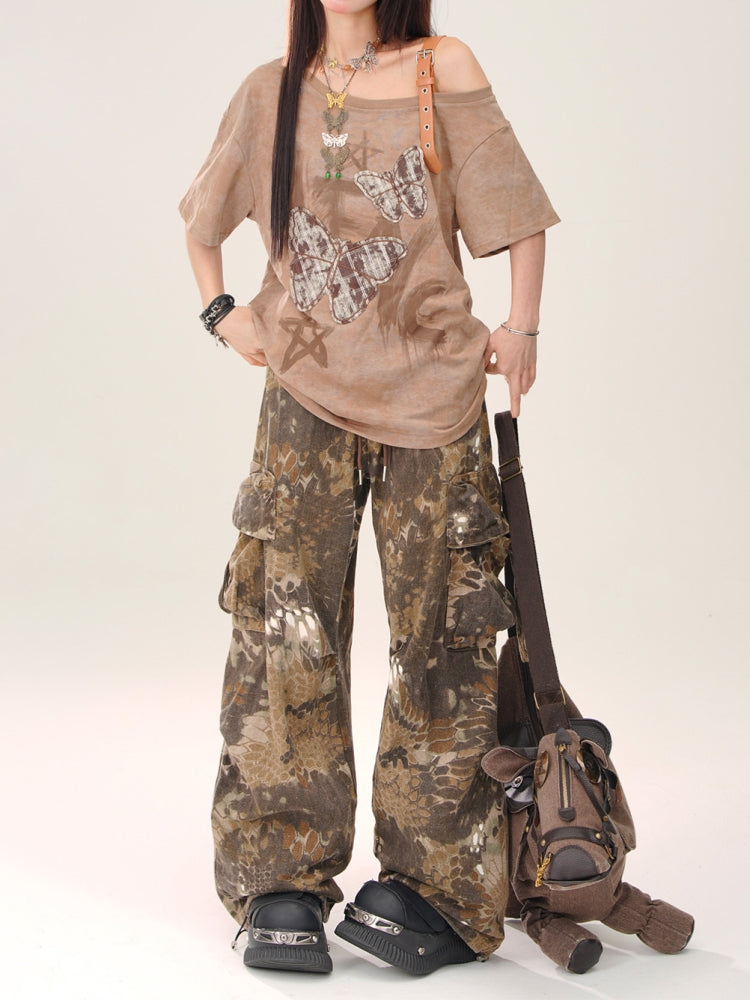Snakeskin Print Loose Cargo Pants for Summer