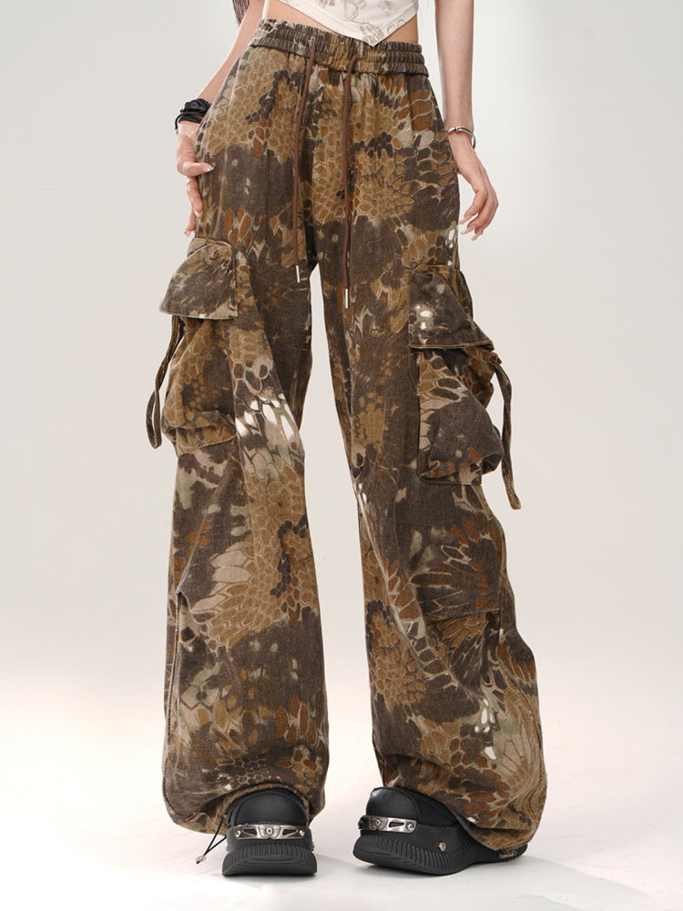 Snakeskin Print Loose Cargo Pants for Summer