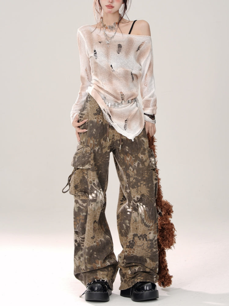 Snakeskin Print Loose Cargo Pants for Summer
