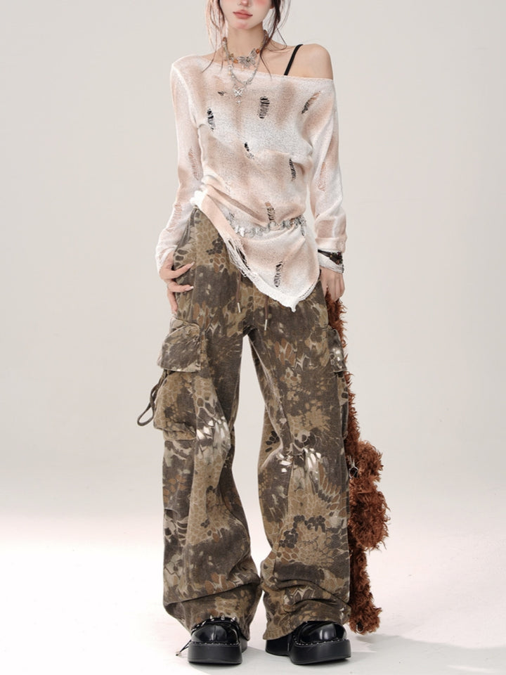 Snakeskin Print Loose Cargo Pants for Summer