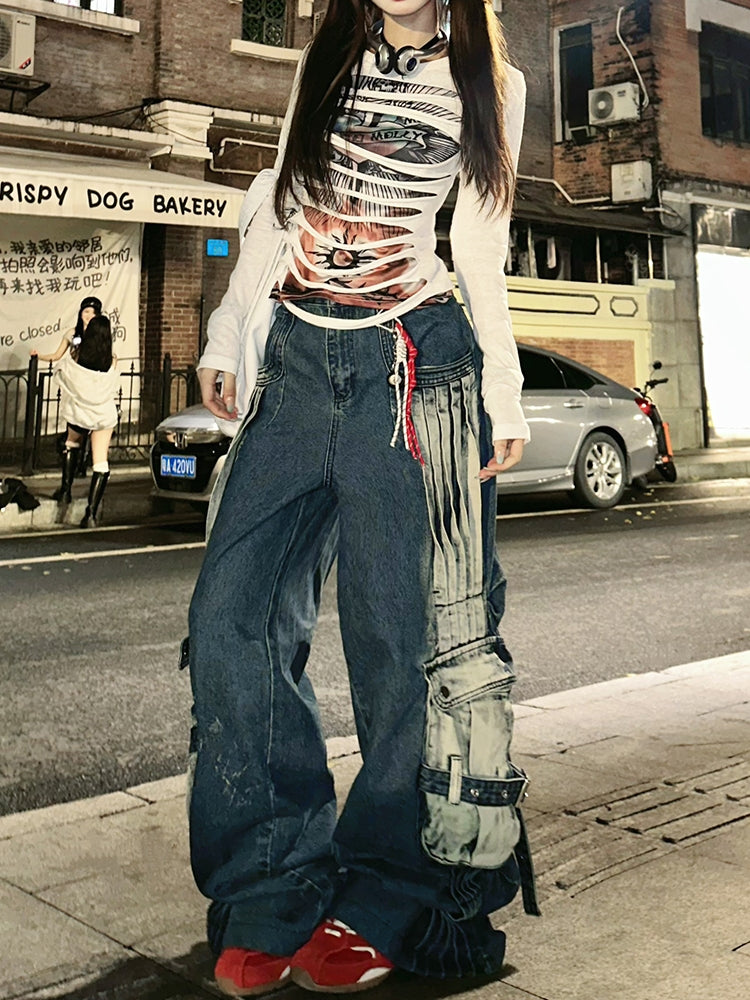 Loose BF Lazy Style Cargo Denim Pants for Spring and Summer
