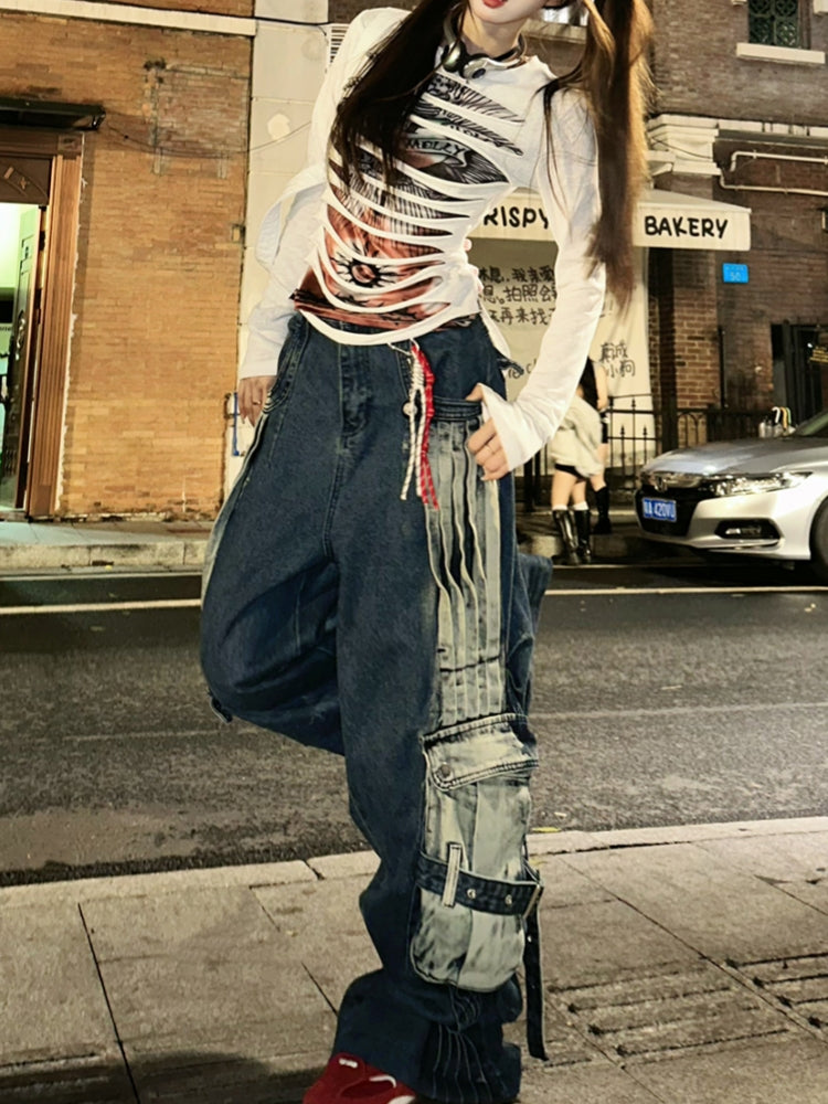 Loose BF Lazy Style Cargo Denim Pants for Spring and Summer