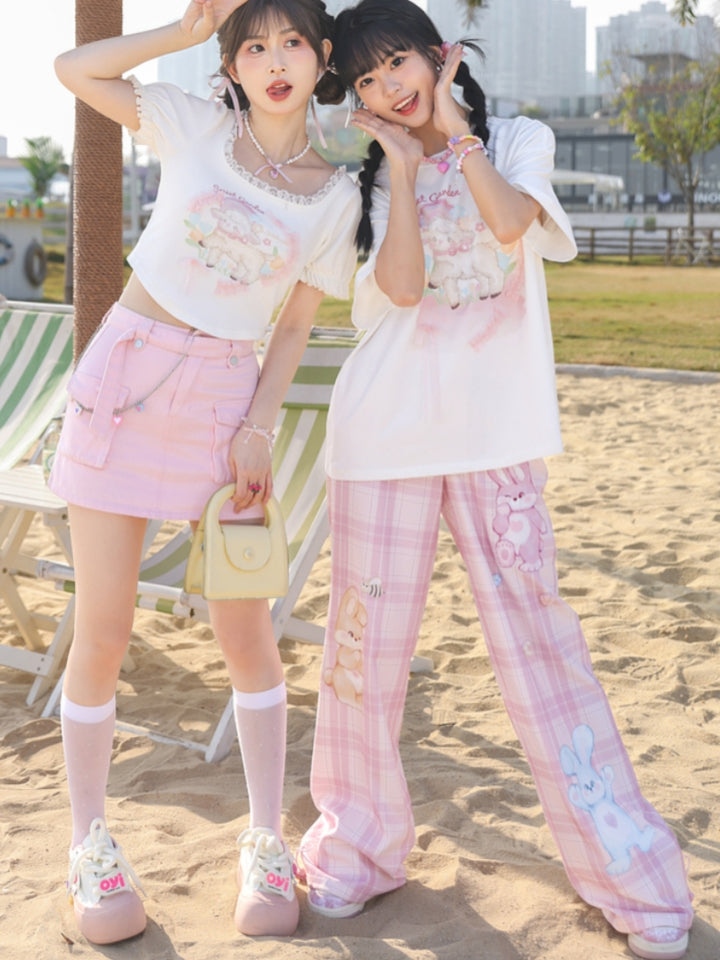 Rabbit Print Pink Checkered Wide-Leg Pants