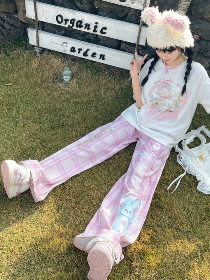 Rabbit Print Pink Checkered Wide-Leg Pants