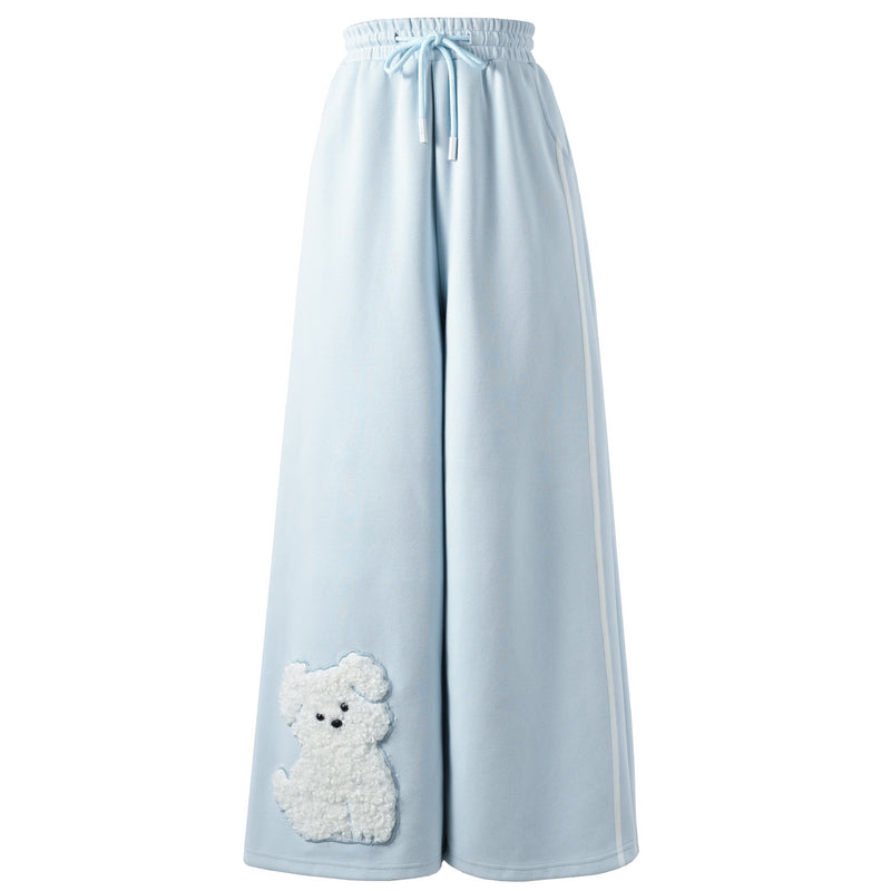Puppy Embroidery Light Blue Wide-Leg Casual Pants