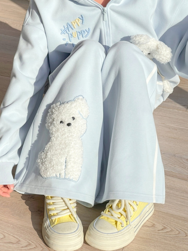 Puppy Embroidery Light Blue Wide-Leg Casual Pants