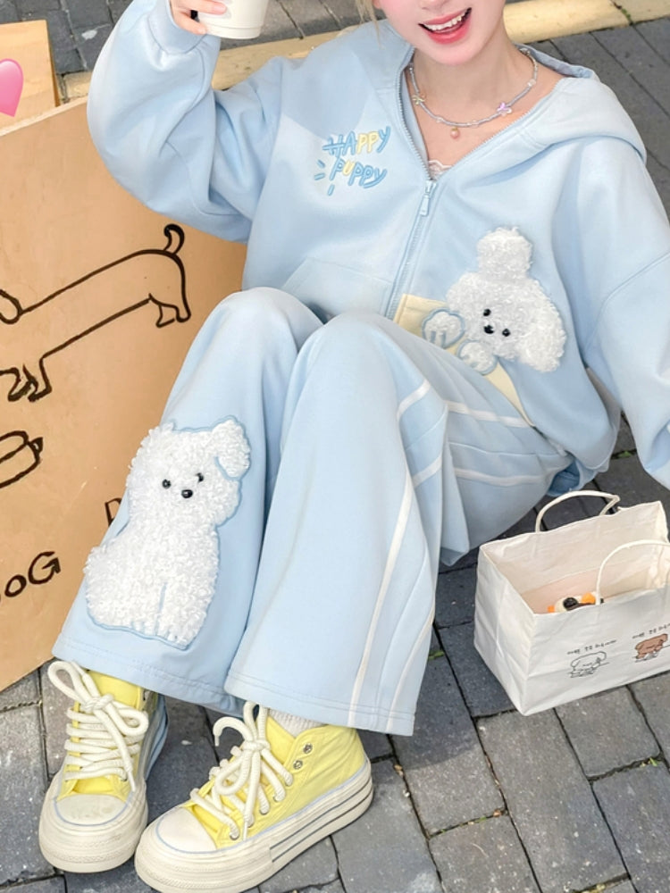 Puppy Embroidery Light Blue Wide-Leg Casual Pants