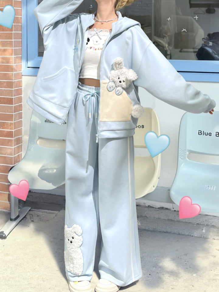 Puppy Embroidery Light Blue Wide-Leg Casual Pants