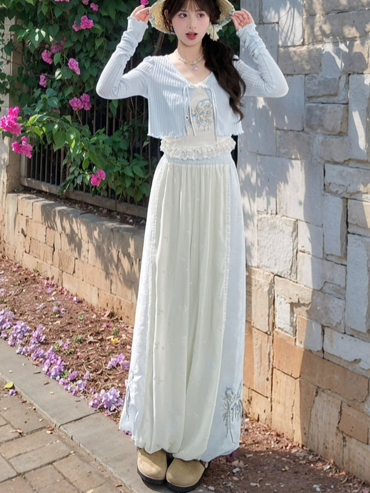 Summer Flowing Butterfly Embroidery Cropped Harem Pants