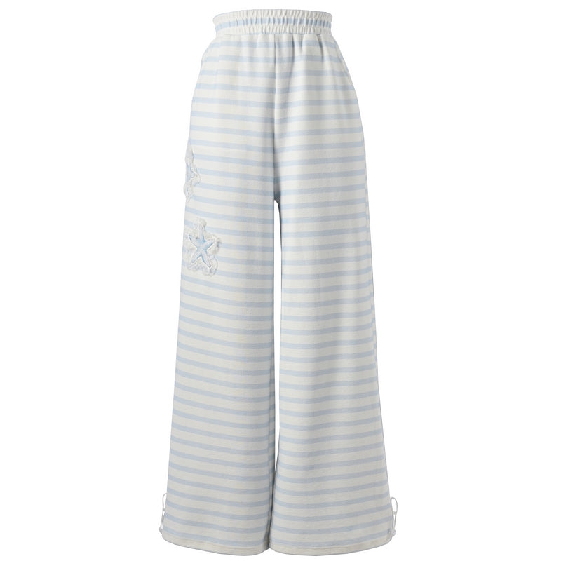 Starfish Embroidery Playful Blue and White Striped Casual Pants