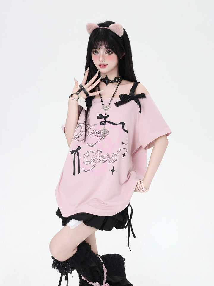 Off-Shoulder Lace Bow Loose-Fit T-Shirt