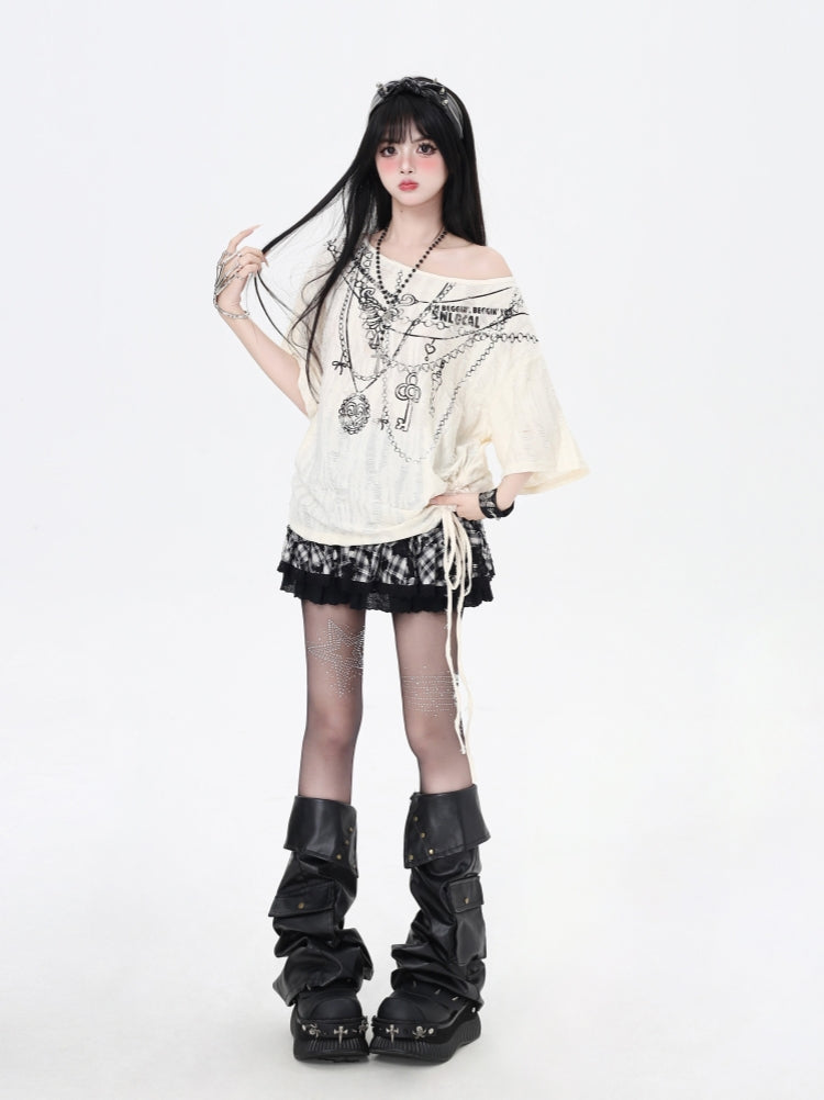 Wasteland Style Distressed Cold Shoulder Oversized Mid-Length T-Shirt
