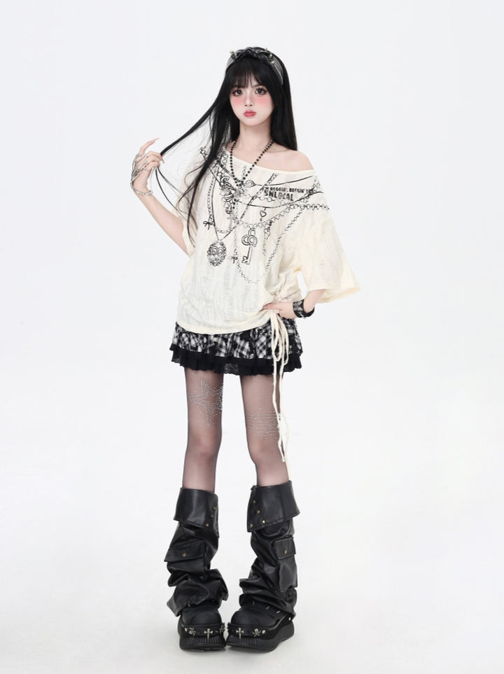 Wasteland Style Distressed Cold Shoulder Oversized Mid-Length T-Shirt