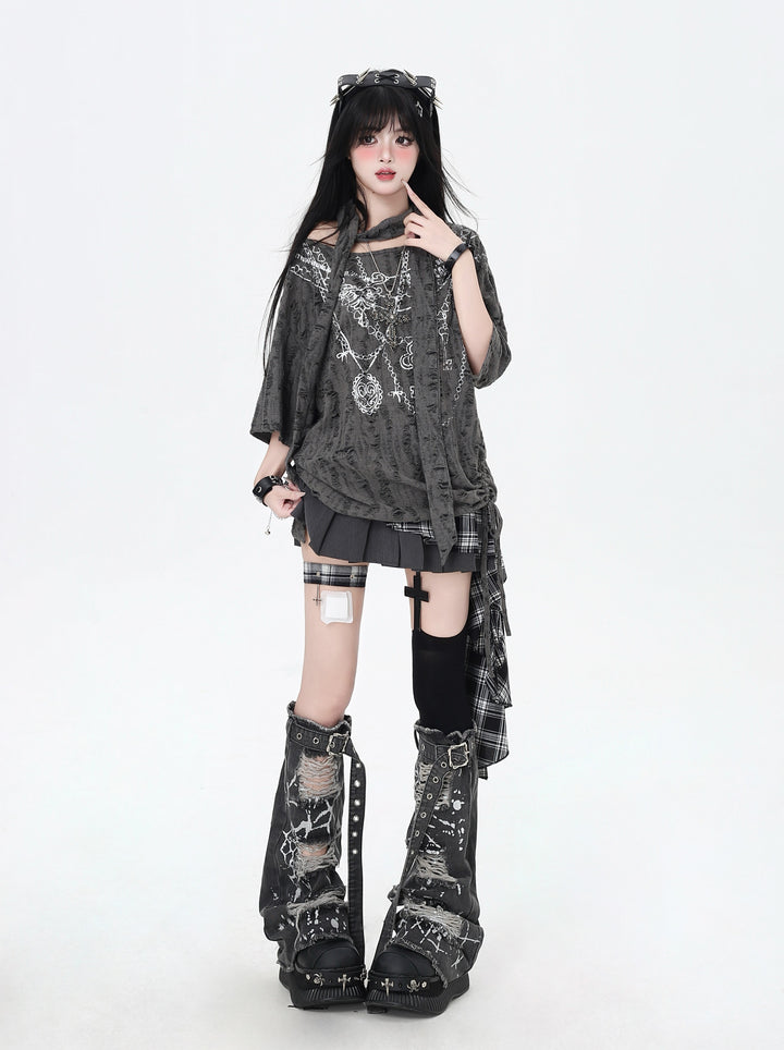 Wasteland Style Distressed Cold Shoulder Oversized Mid-Length T-Shirt