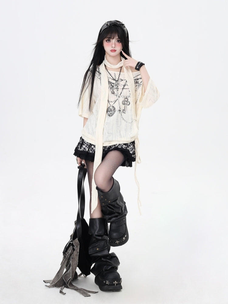 Wasteland Style Distressed Cold Shoulder Oversized Mid-Length T-Shirt