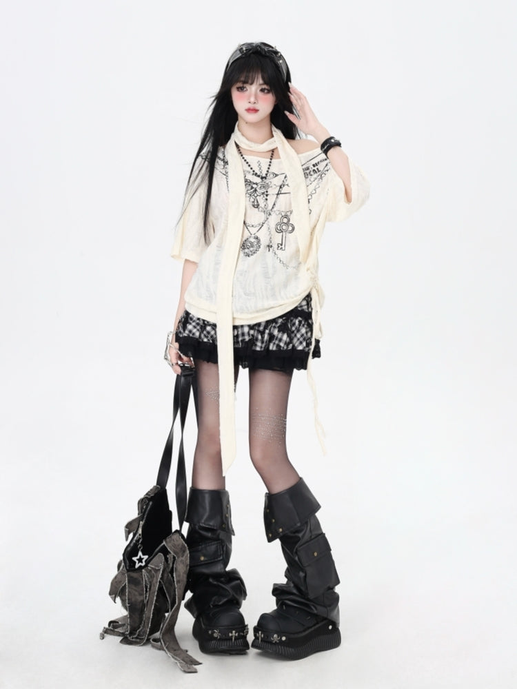 Wasteland Style Distressed Cold Shoulder Oversized Mid-Length T-Shirt