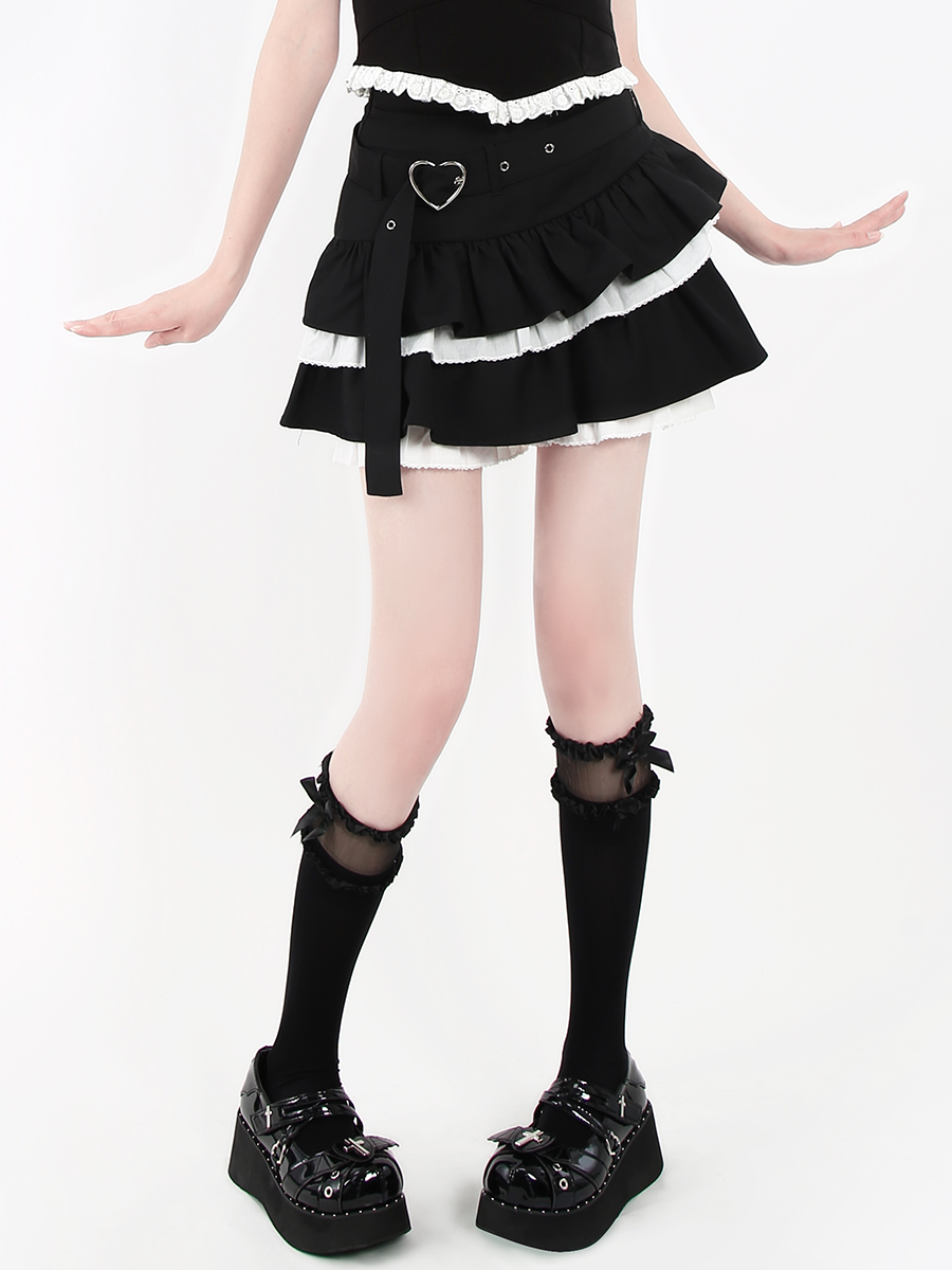 Patchwork Lace Puffy Tiered Mini Skirt