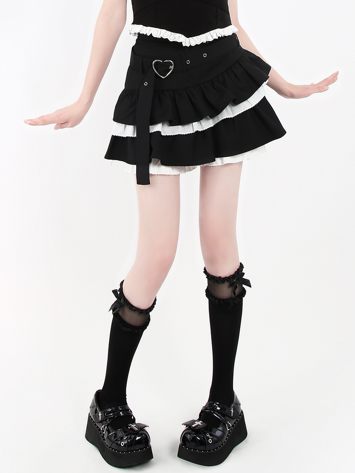 Patchwork Lace Puffy Tiered Mini Skirt