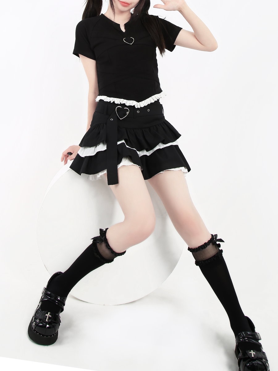 Patchwork Lace Puffy Tiered Mini Skirt