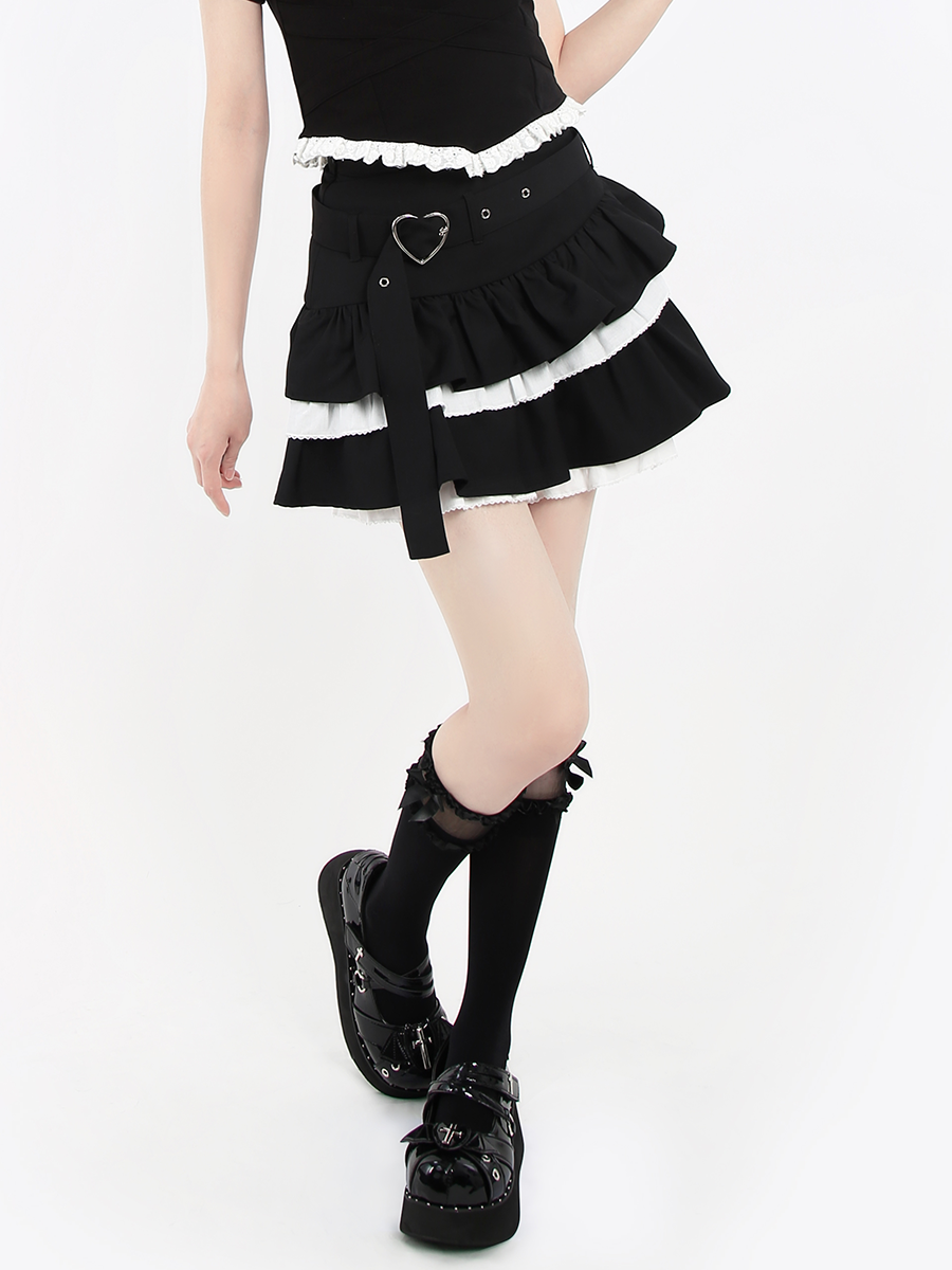 Patchwork Lace Puffy Tiered Mini Skirt