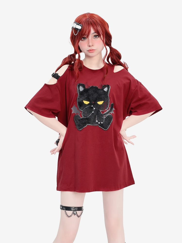 Red Short-Sleeve Devil Cat T-shirt