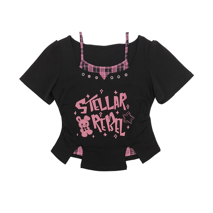 Edgy Eyelet Details Black Short Sleeve Top