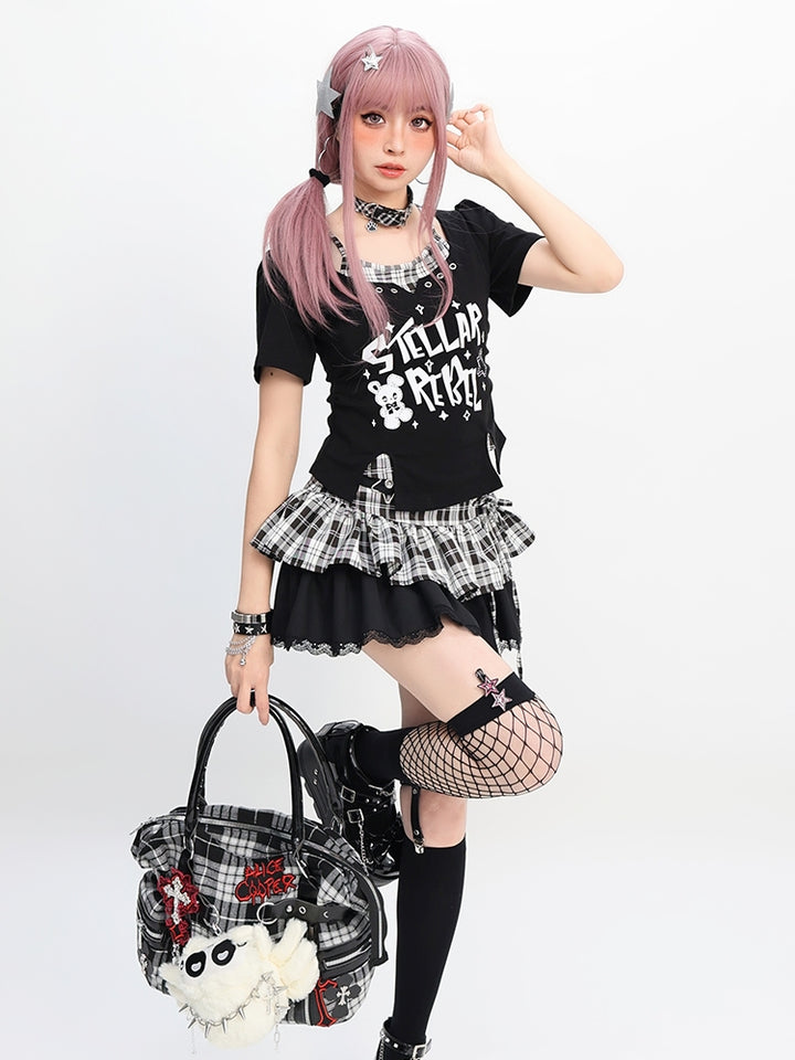 Edgy Eyelet Details Black Short Sleeve Top