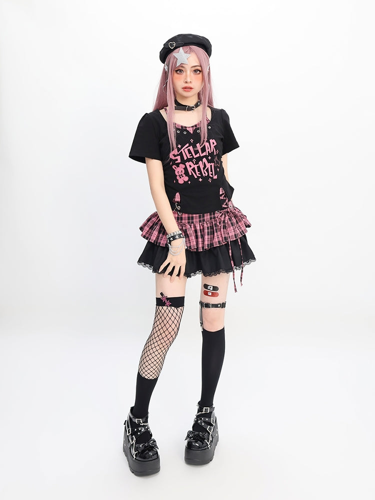 Edgy Eyelet Details Black Short Sleeve Top
