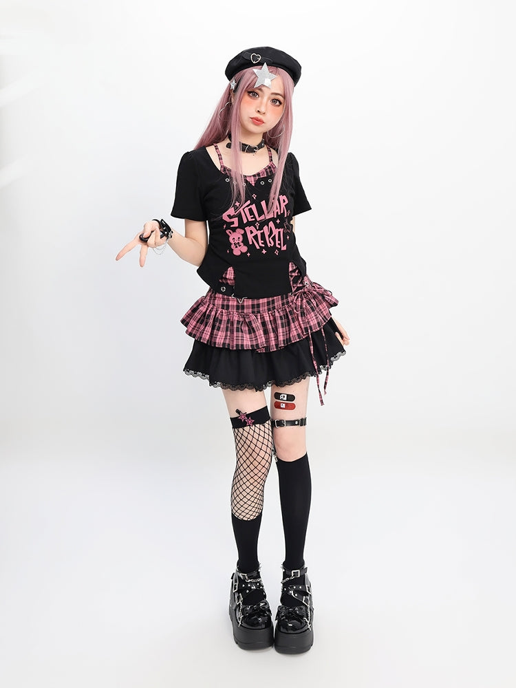 Edgy Eyelet Details Black Short Sleeve Top
