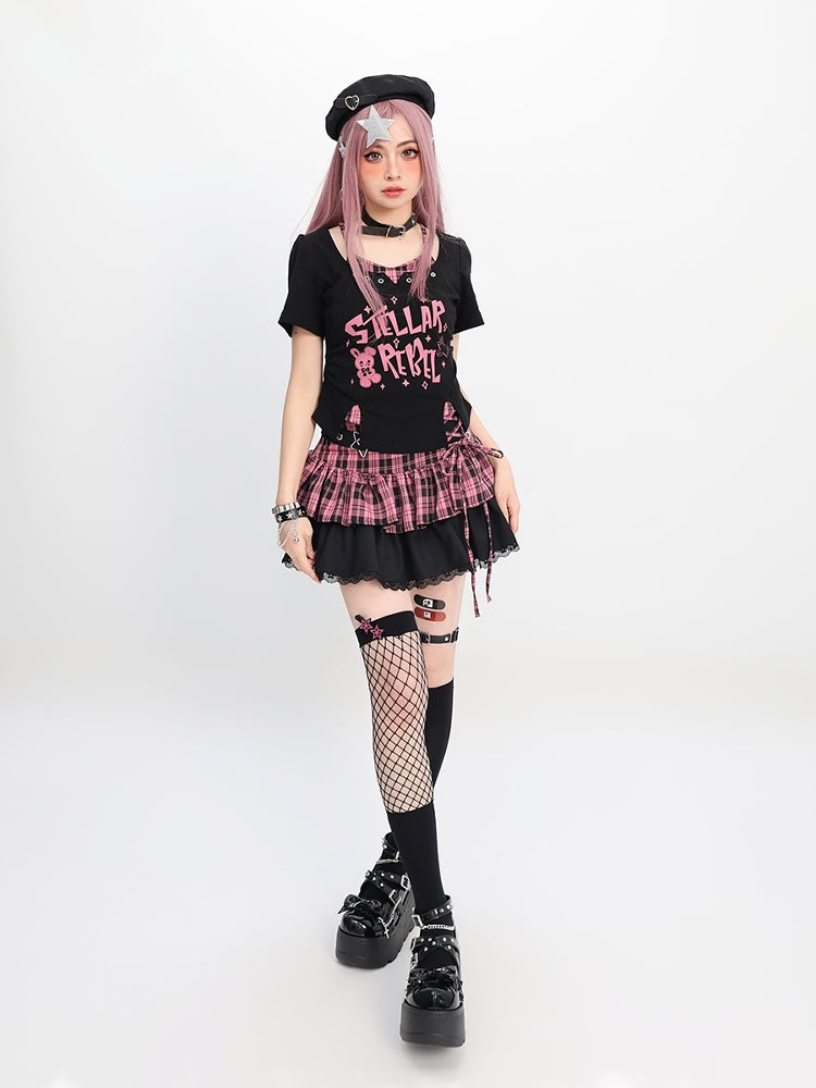 Edgy Eyelet Details Black Short Sleeve Top
