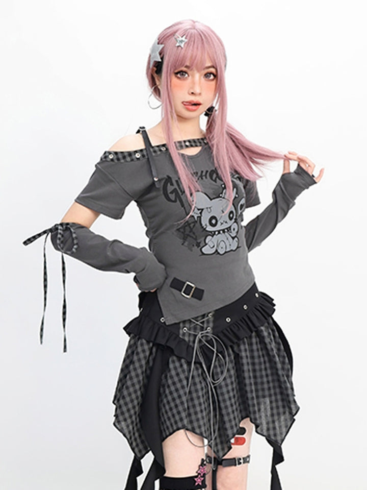 Gothic Doll Letter Printed Detachable Sleeves T-Shirt