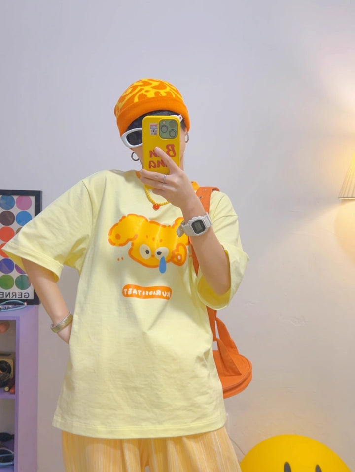 Puppy Cartoon Print Yellow Short-Sleeve T-Shirt