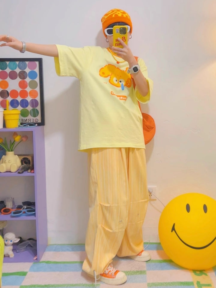 Puppy Cartoon Print Yellow Short-Sleeve T-Shirt