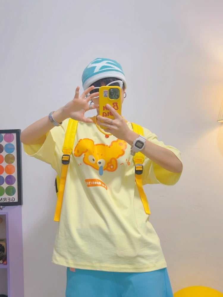 Puppy Cartoon Print Yellow Short-Sleeve T-Shirt