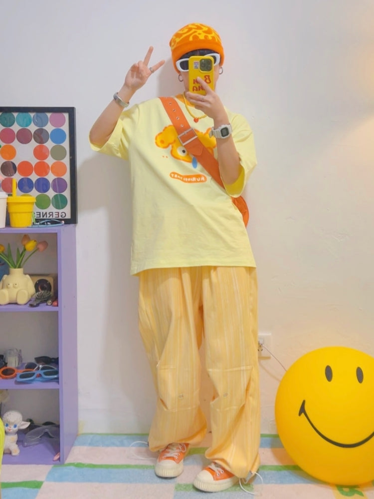 Puppy Cartoon Print Yellow Short-Sleeve T-Shirt