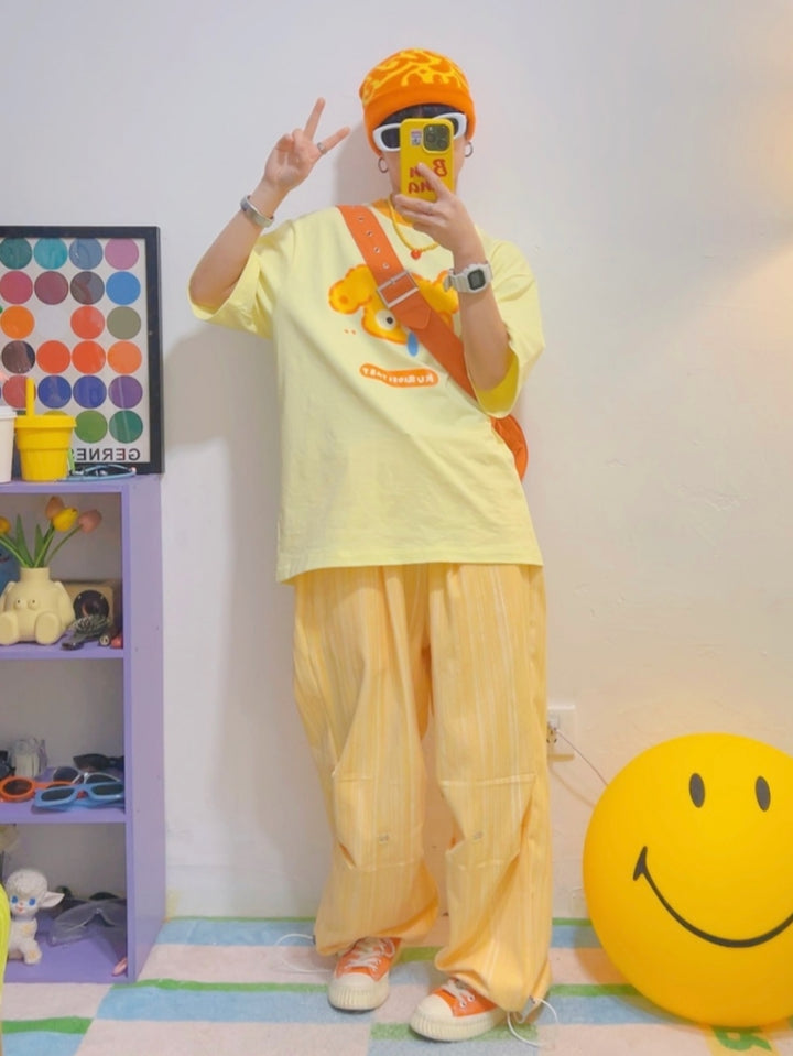 Puppy Cartoon Print Yellow Short-Sleeve T-Shirt
