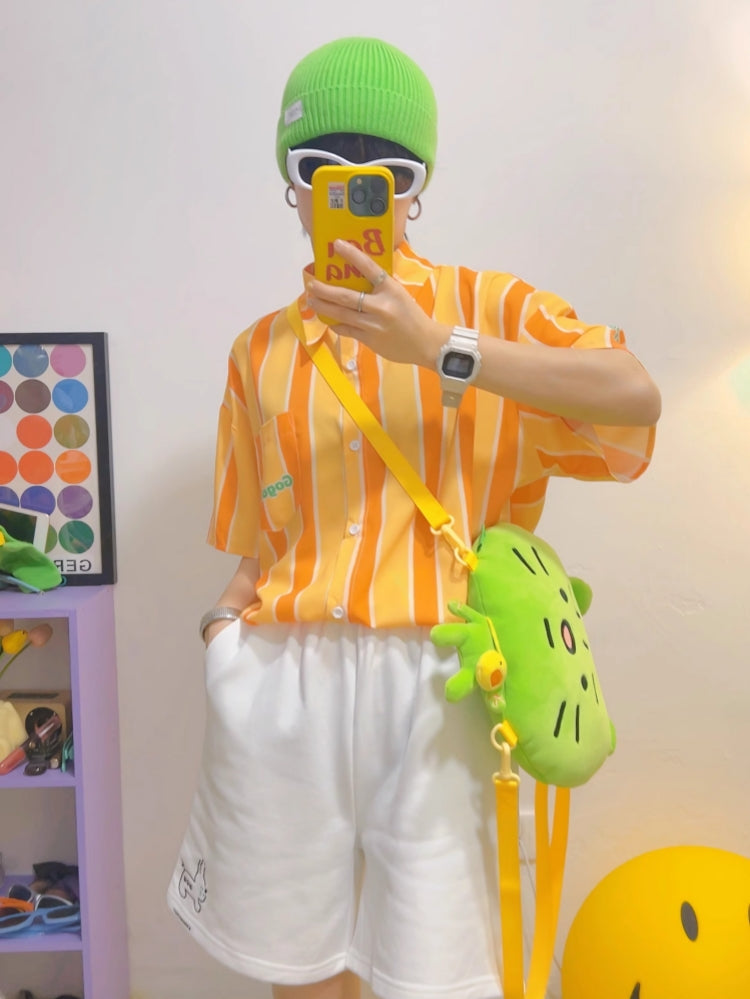 American Style Yellow Vertical Striped Short-Sleeve Shirt