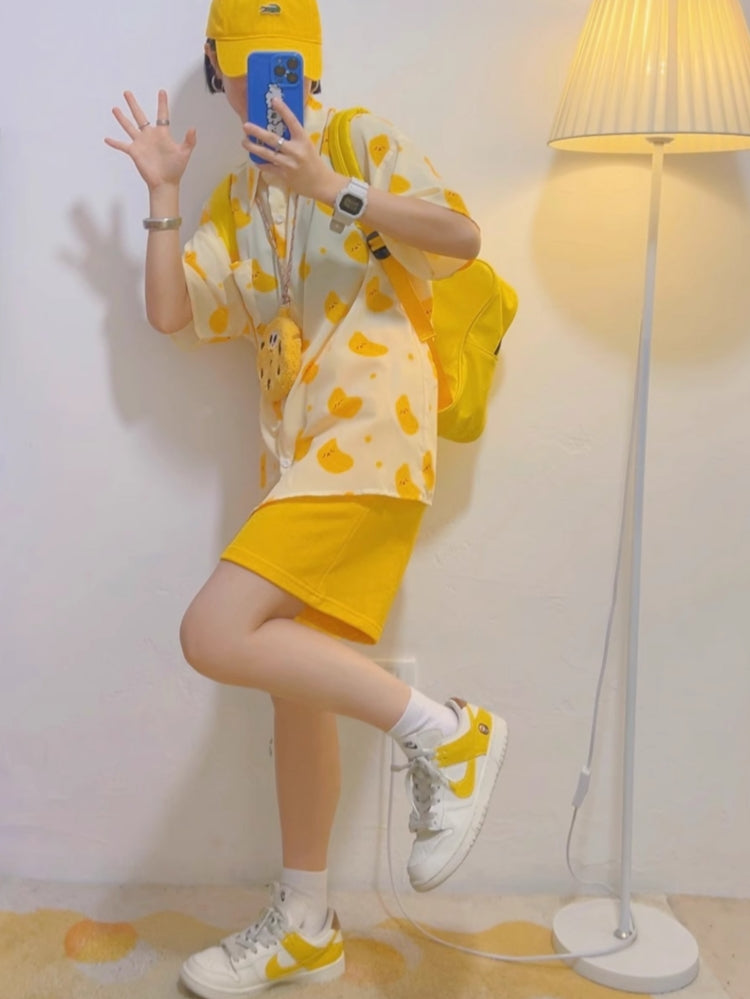 Yellow Chiffon Short-Sleeve Shirt for Summer
