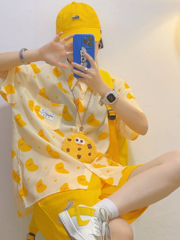 Yellow Chiffon Short-Sleeve Shirt for Summer