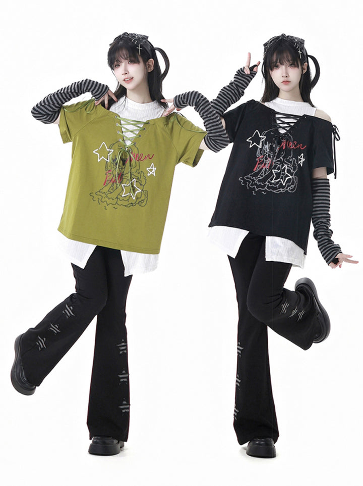 Y2K Style Off-Shoulder Green/Black Tie-Up T-Shirt Star Pants
