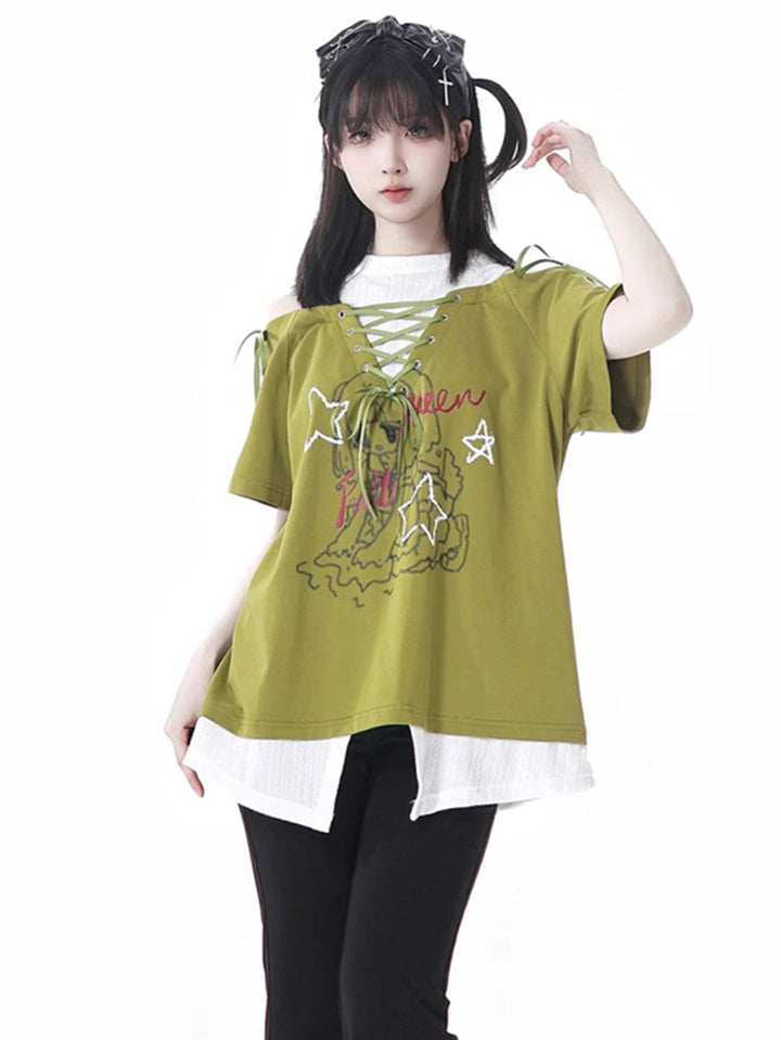 Y2K Style Off-Shoulder Green/Black Tie-Up T-Shirt Star Pants