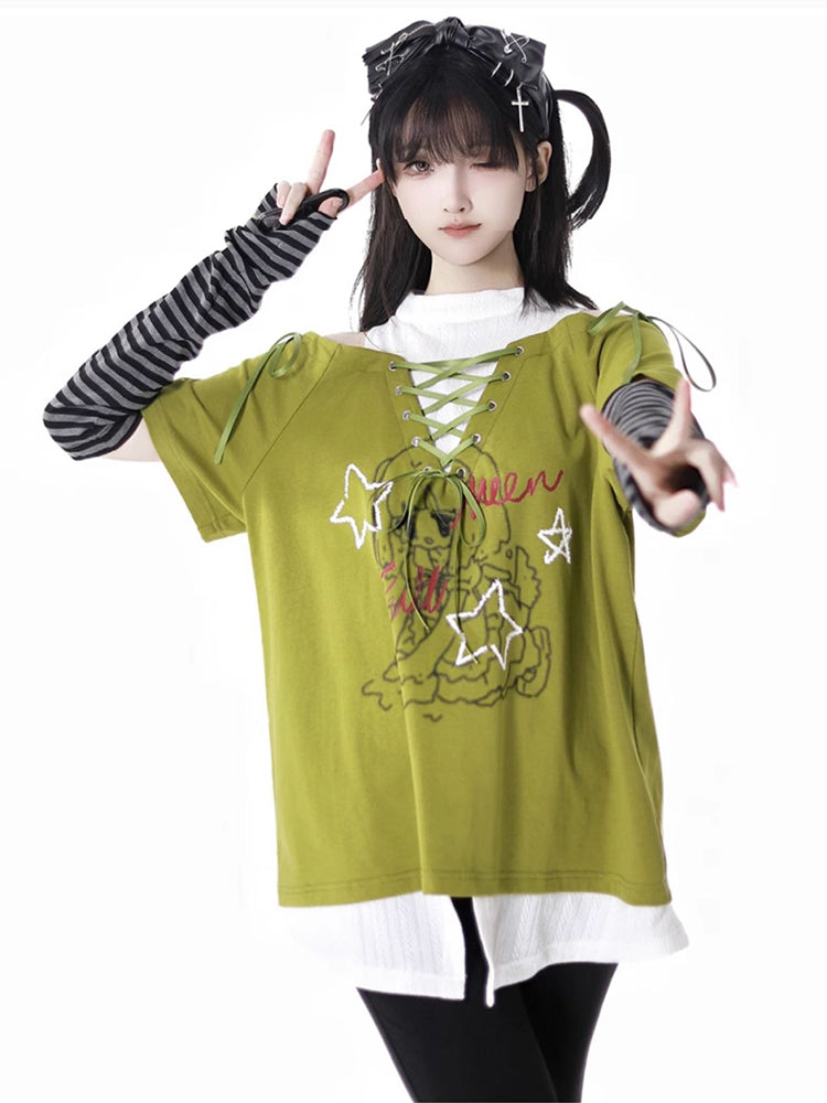 Y2K Style Off-Shoulder Green/Black Tie-Up T-Shirt Star Pants