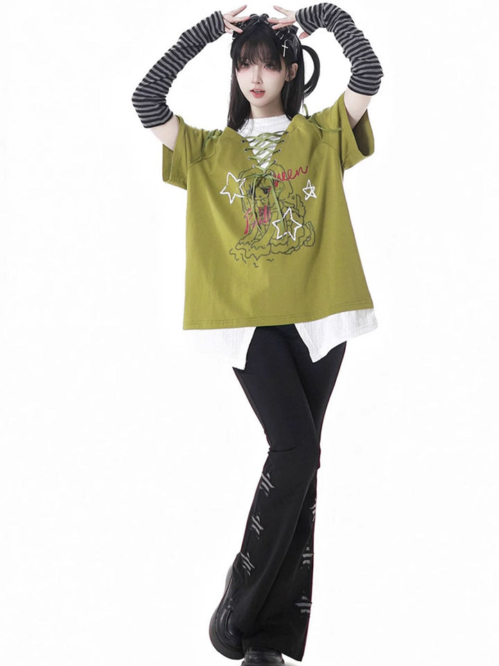 Y2K Style Off-Shoulder Green/Black Tie-Up T-Shirt Star Pants