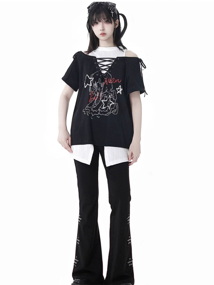 Y2K Style Off-Shoulder Green/Black Tie-Up T-Shirt Star Pants