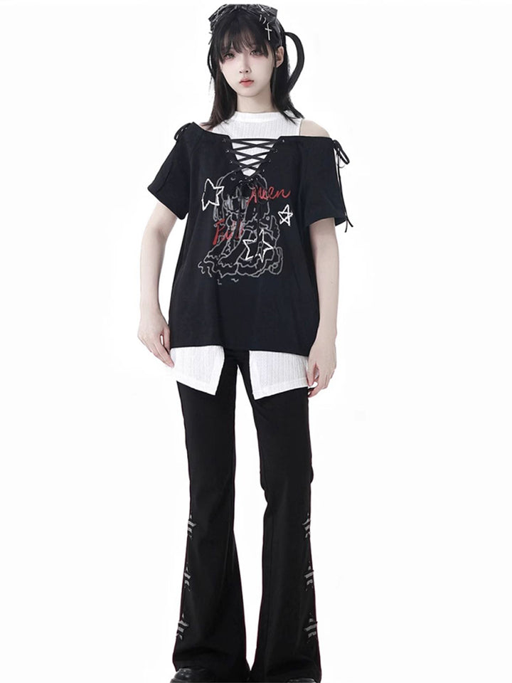 Y2K Style Off-Shoulder Green/Black Tie-Up T-Shirt Star Pants